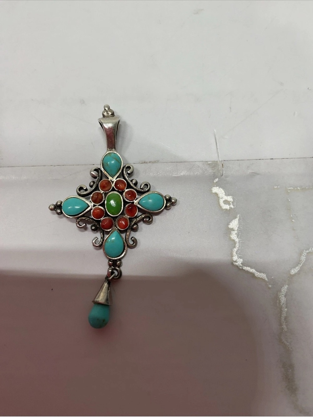 Barse Sterling Silver 925 Turquoise Cross Pendant Multistone Southwest AC